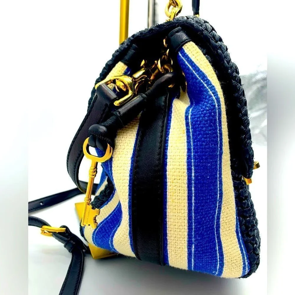 Auth Dolce & Gabbana Blue White Striped Canvas Raffia Handbag Lock Key Preloved